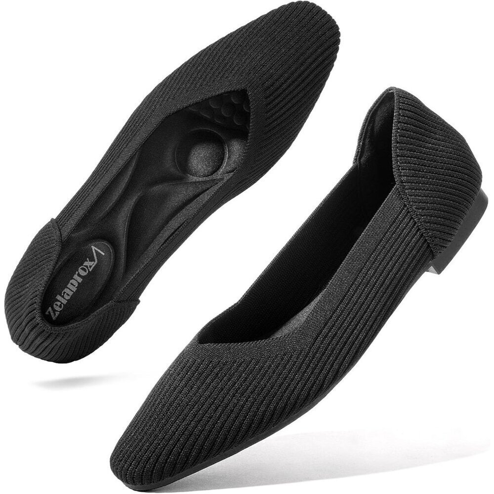 Zelaprox Women's Black Fabric Round Toe Slip on Ballet Flats with Memory Foam
